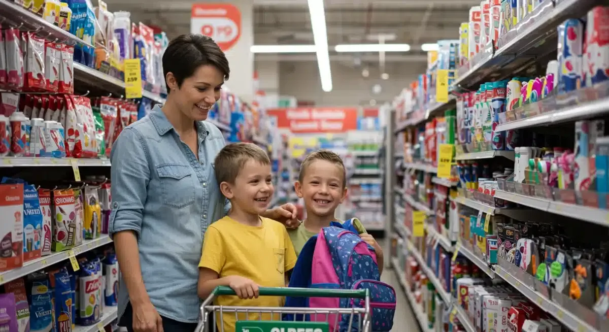 Parent and child comparing prices on school supplies in a store, emphasizing smart purchasing decisions.