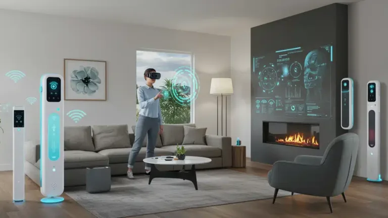 Futuristic smart home with integrated AI and immersive tech