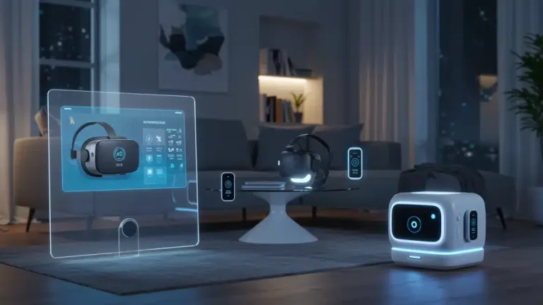 Futuristic living room with integrated smart gadgets and advanced AI