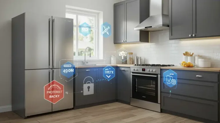 Modern kitchen with appliances and digital overlays symbolizing appliance warranty and consumer protection for 2026.