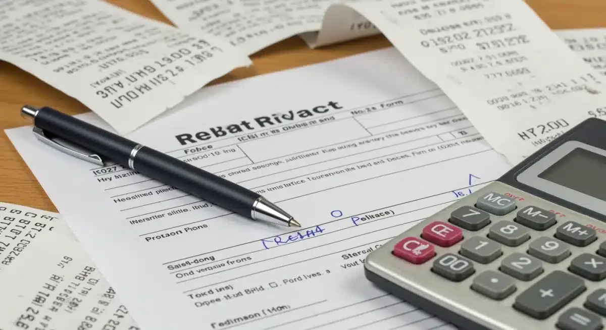 Hand filling out a rebate form for appliance savings, surrounded by receipts.