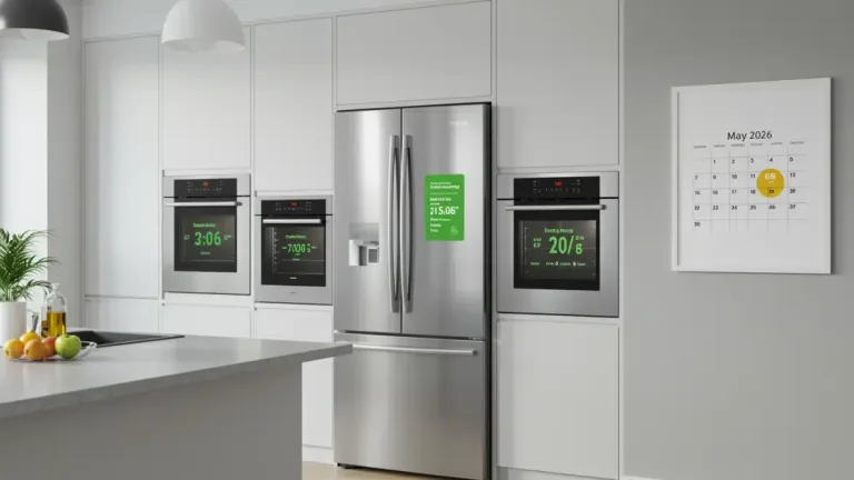 Modern kitchen with energy-efficient appliances, emphasizing savings and the May 2026 rebate deadline.