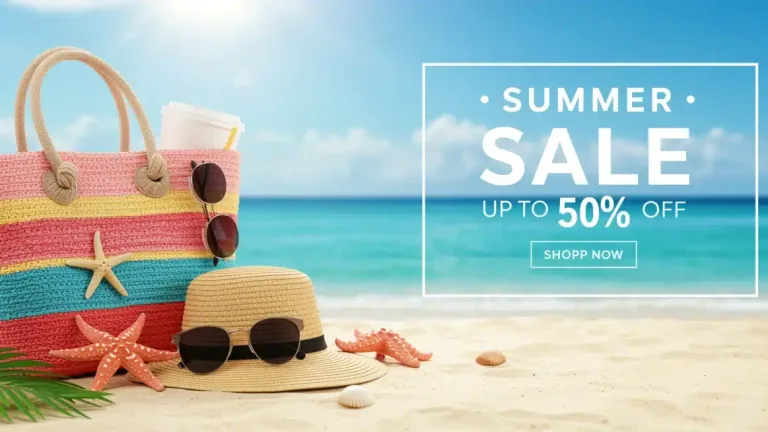 Summer beach scene with sale graphics