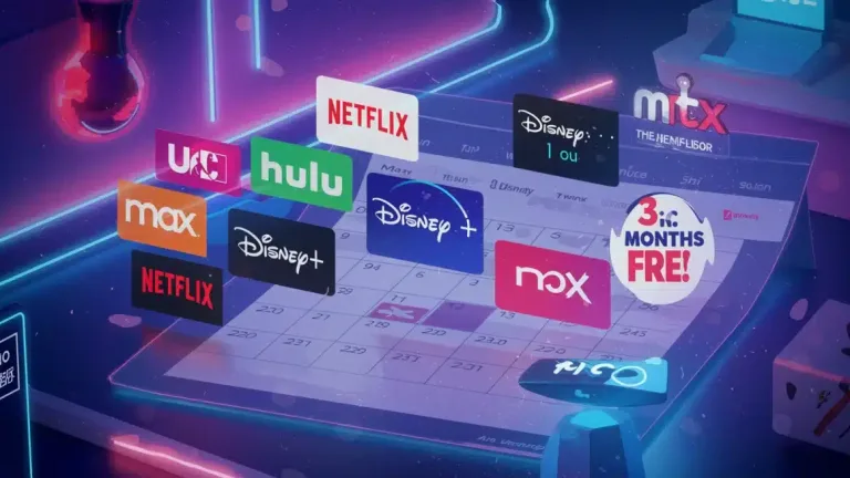 Futuristic streaming platform logos with '3 Months Free' offer for 2026
