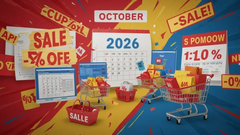 Flash sale alerts graphic with shopping carts and discount percentages
