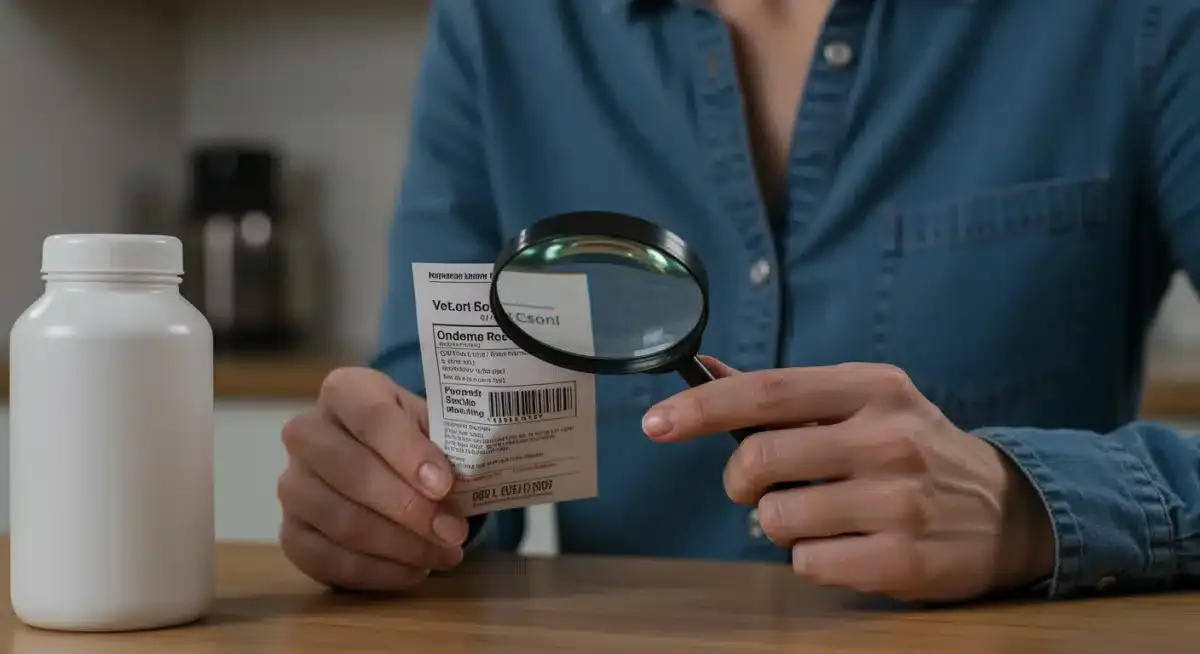Person examining a product label for recall information with a magnifying glass.