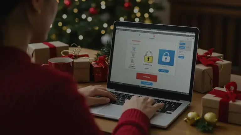 Secure online holiday shopping on a laptop with festive decorations.
