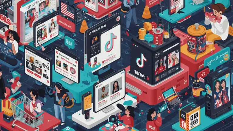 Dynamic visual representation of TikTok Shop's vibrant e-commerce ecosystem with products and user engagement.