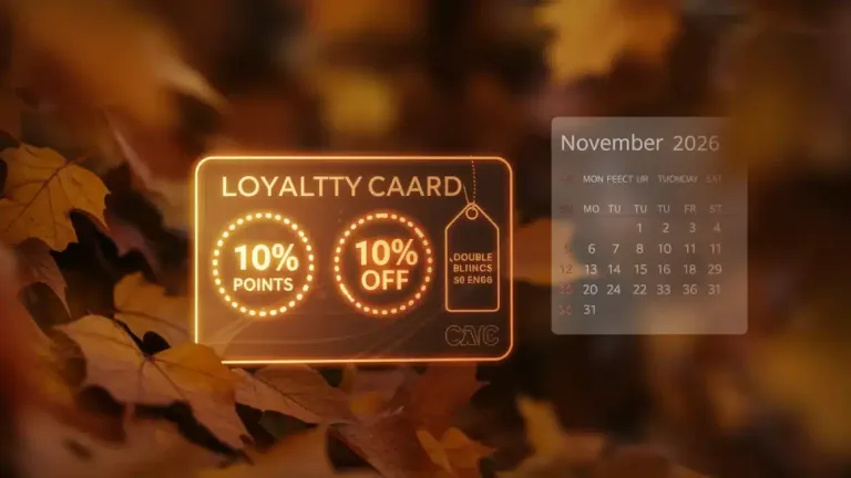 Loyalty program card with double points and 10% off promotion for November 2026
