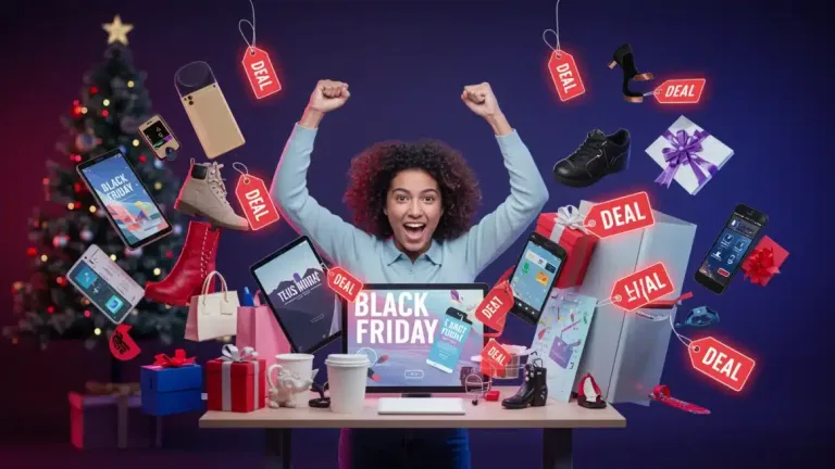 Person excitedly online shopping for Black Friday 2026 deals on electronics and fashion