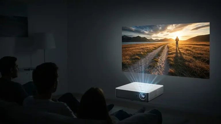 Modern portable projector displaying 1080p content