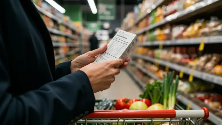 Woman carefully reading a food label in a brightly lit supermarket aisle