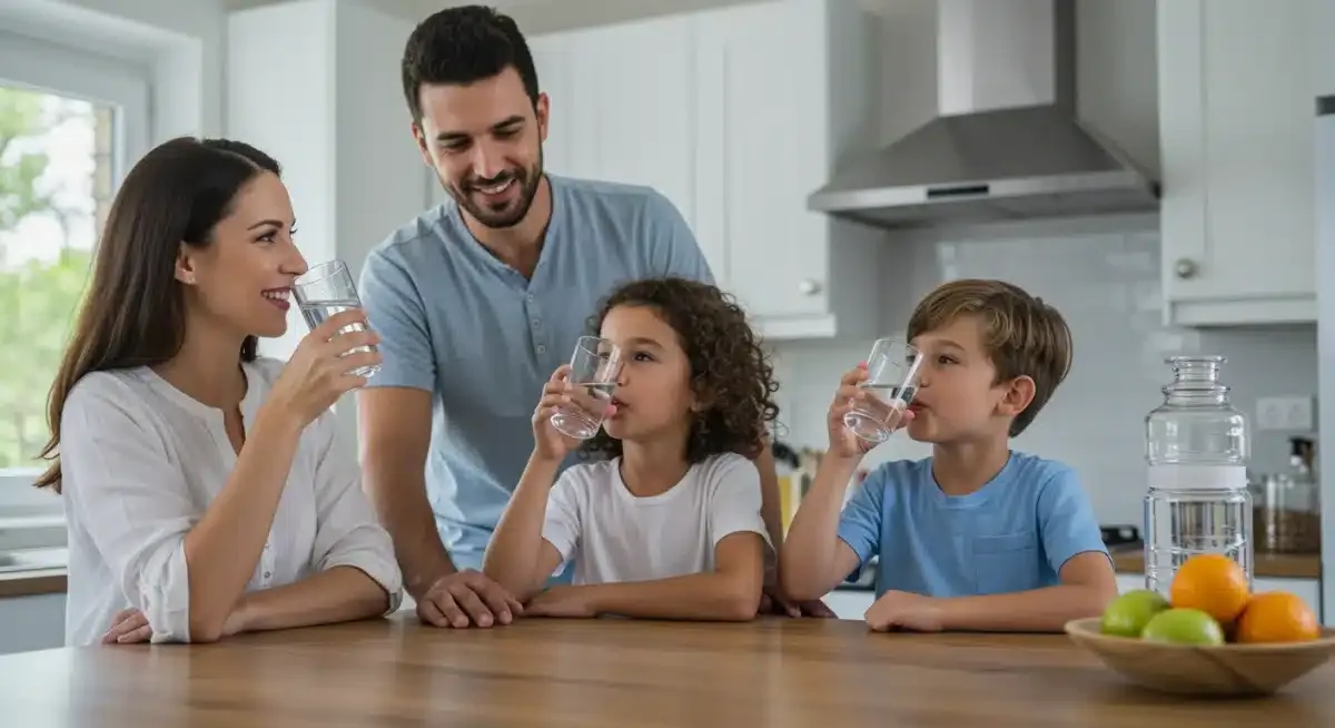 Happy family drinking clean, filtered water in a modern home kitchen.