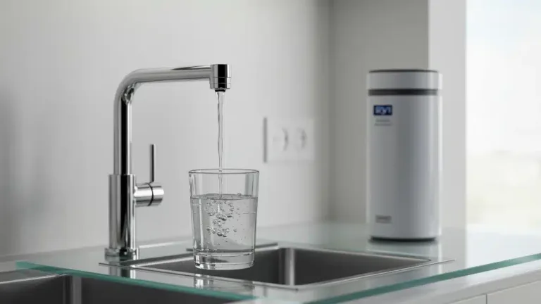 Modern kitchen with clear water flowing from a sleek faucet into a glass, highlighting advanced water filtration.