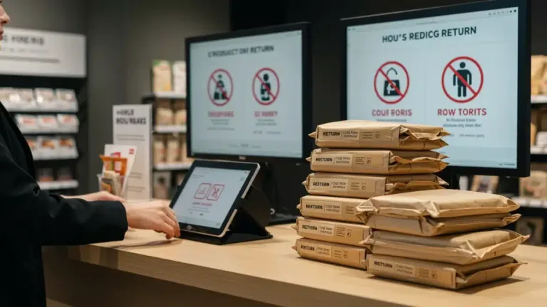 Person processing a product return at a modern retail store counter.