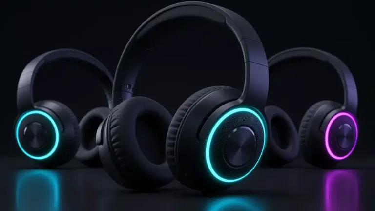 Futuristic noise-canceling headphones with glowing accents, representing advanced audio technology and long battery life.