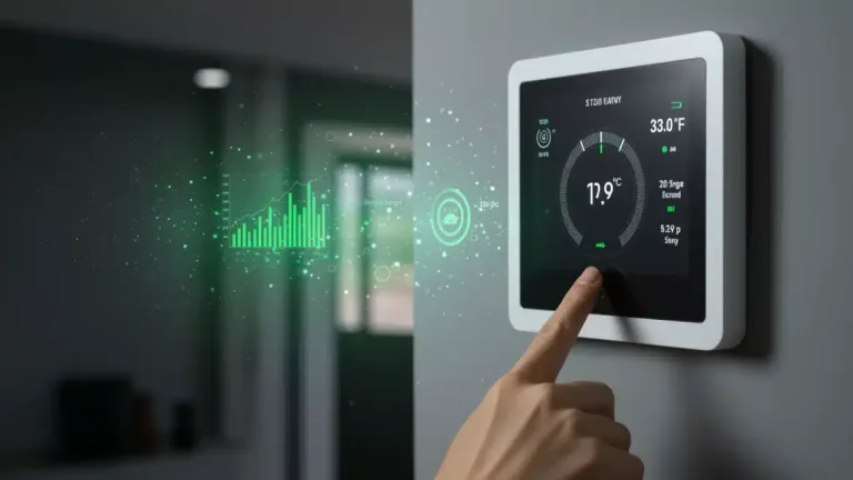 Modern smart thermostat displaying energy savings data