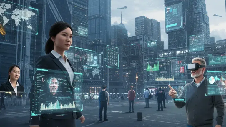 Futuristic metaverse cityscape with digital commerce and interacting avatars, representing economic growth.