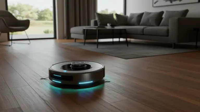 Futuristic 2026 robot vacuum cleaning a modern living room floor