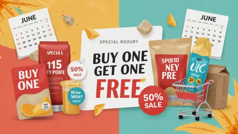 Illustration of diverse products with BOGO offer text for June 2026 deals.