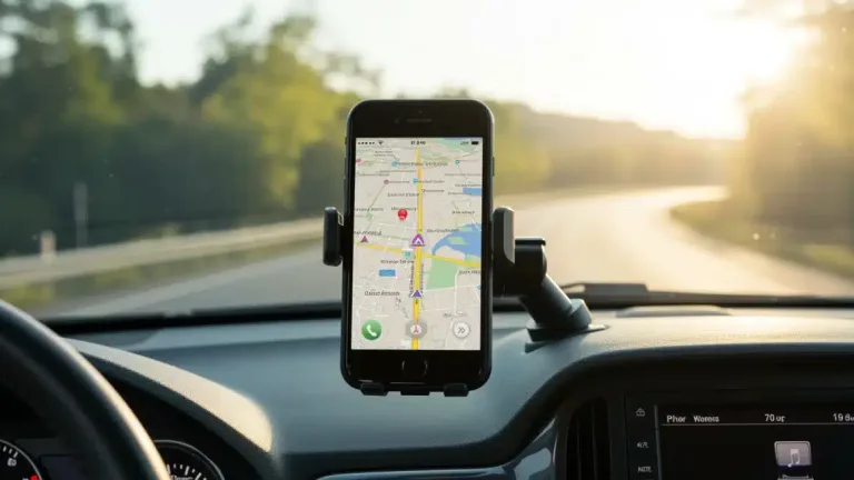 Modern car interior with black phone mount holding smartphone, GPS navigation