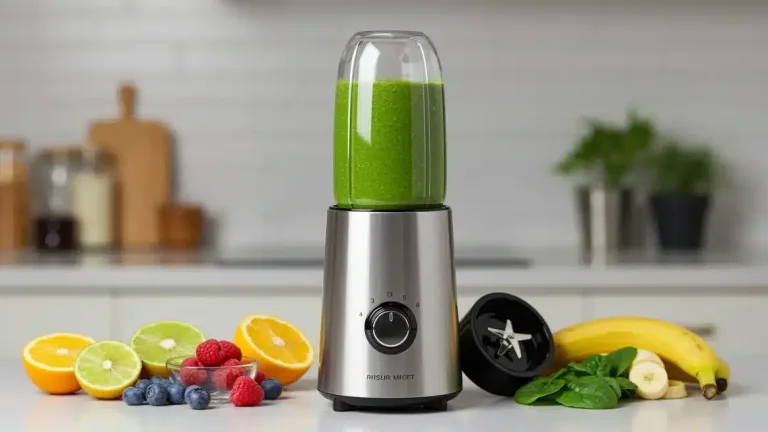 Modern personal blender with fresh ingredients and a green smoothie