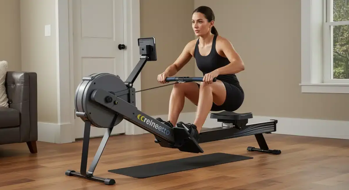 Person using a smart rowing machine for a full-body workout