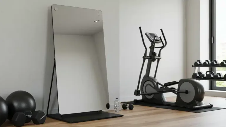 Modern home gym with fitness mirror and compact workout equipment