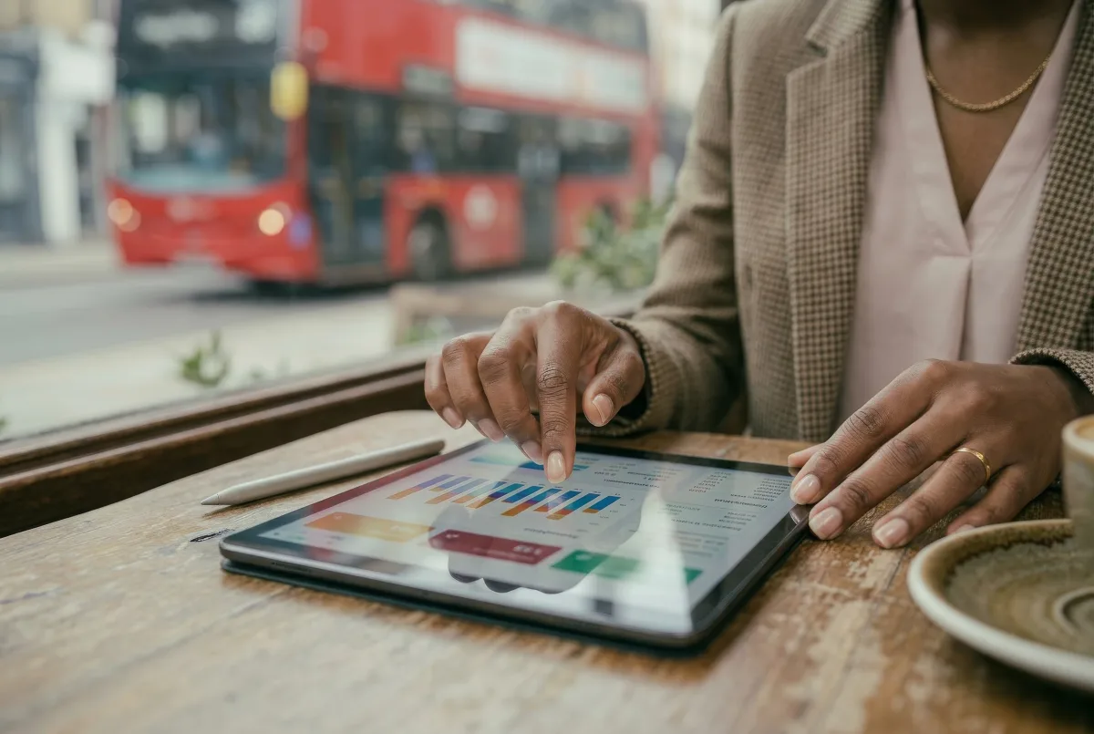 Consumer reviewing economic sentiment, spending and financial data on a tablet