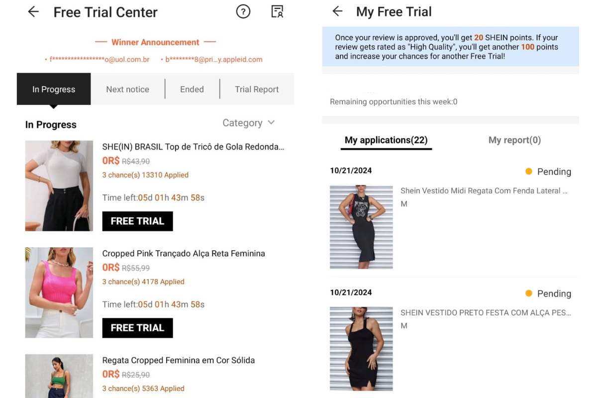 Shein free trial program in the app.