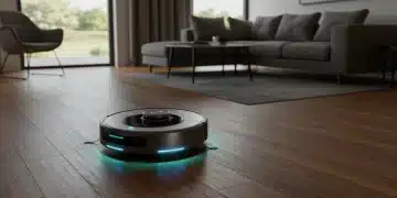 Futuristic 2026 robot vacuum cleaning a modern living room floor