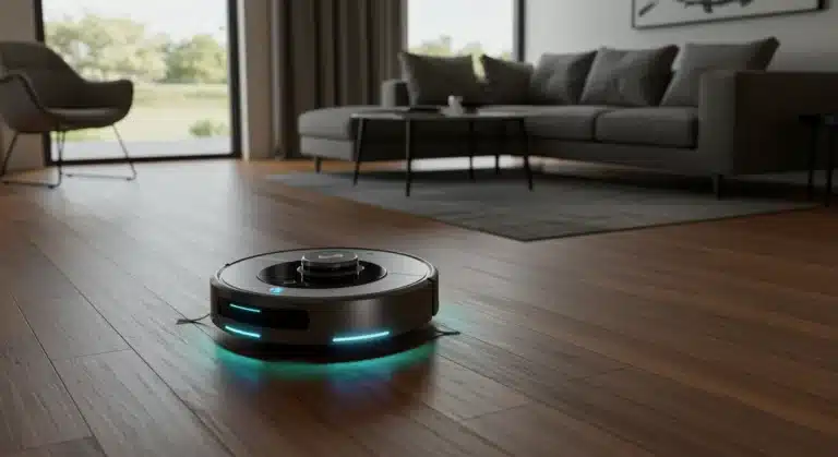 Futuristic 2026 robot vacuum cleaning a modern living room floor