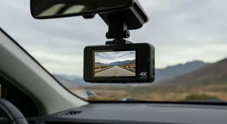 Sleek 4K dash cam with 170-degree field of view mounted on a car windshield, capturing the road ahead.