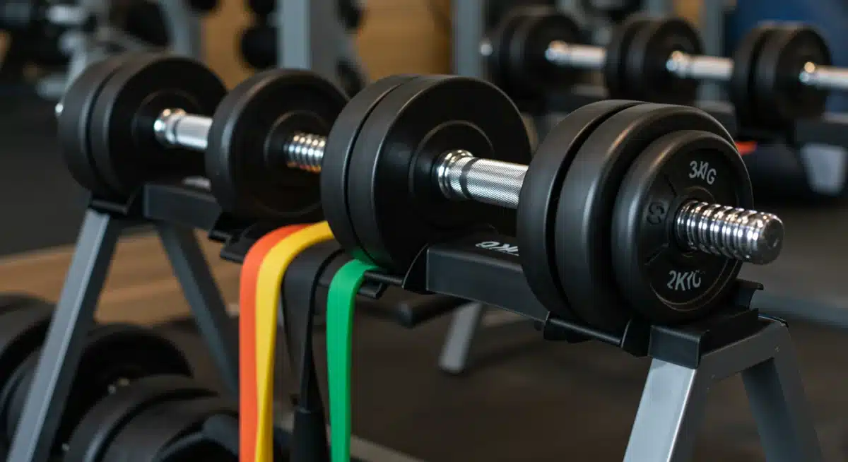 Adjustable dumbbells and resistance bands for home fitness