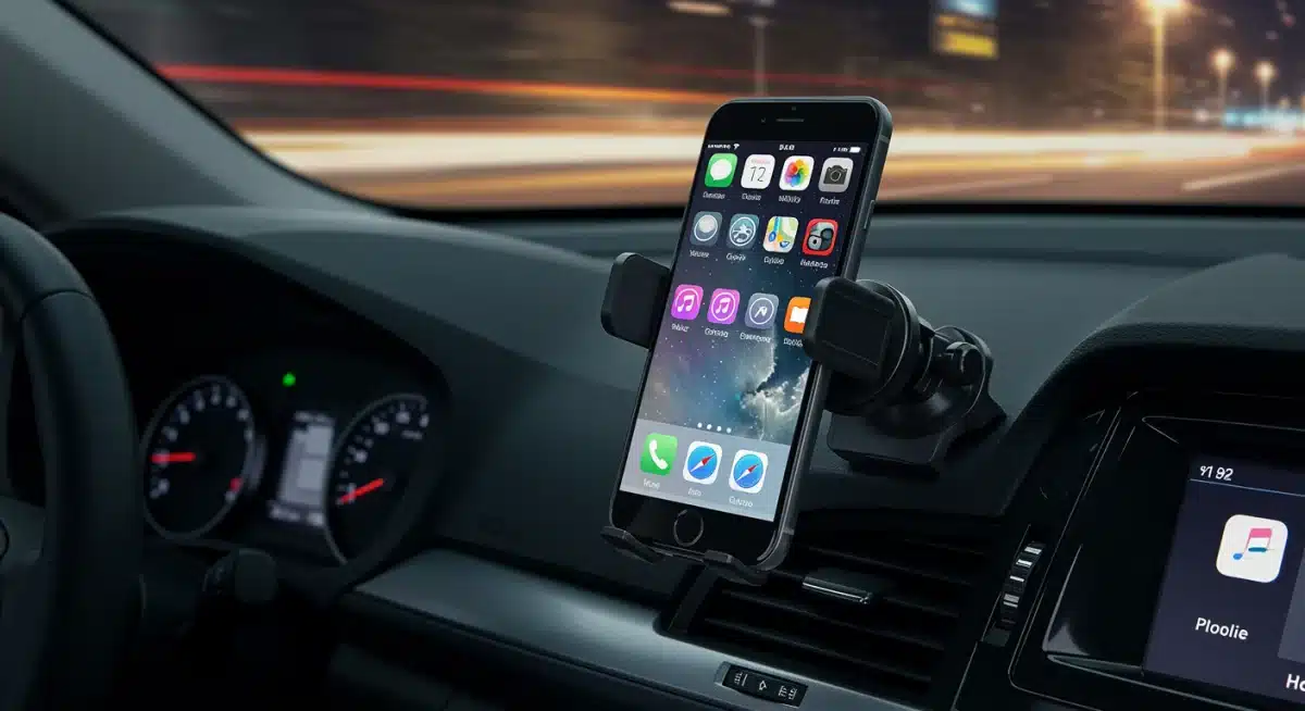 Car phone mount on air vent with smartphone, car in motion, music player