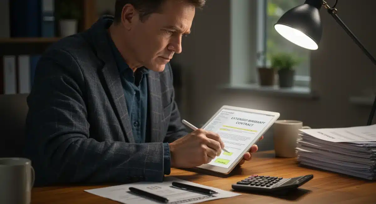 Person analyzing extended warranty contract details