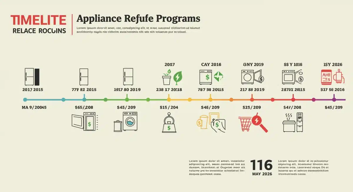 Timeline graphic showing important dates for appliance rebate programs, including the May 2026 deadline.