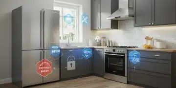 Modern kitchen with appliances and digital overlays symbolizing appliance warranty and consumer protection for 2026.