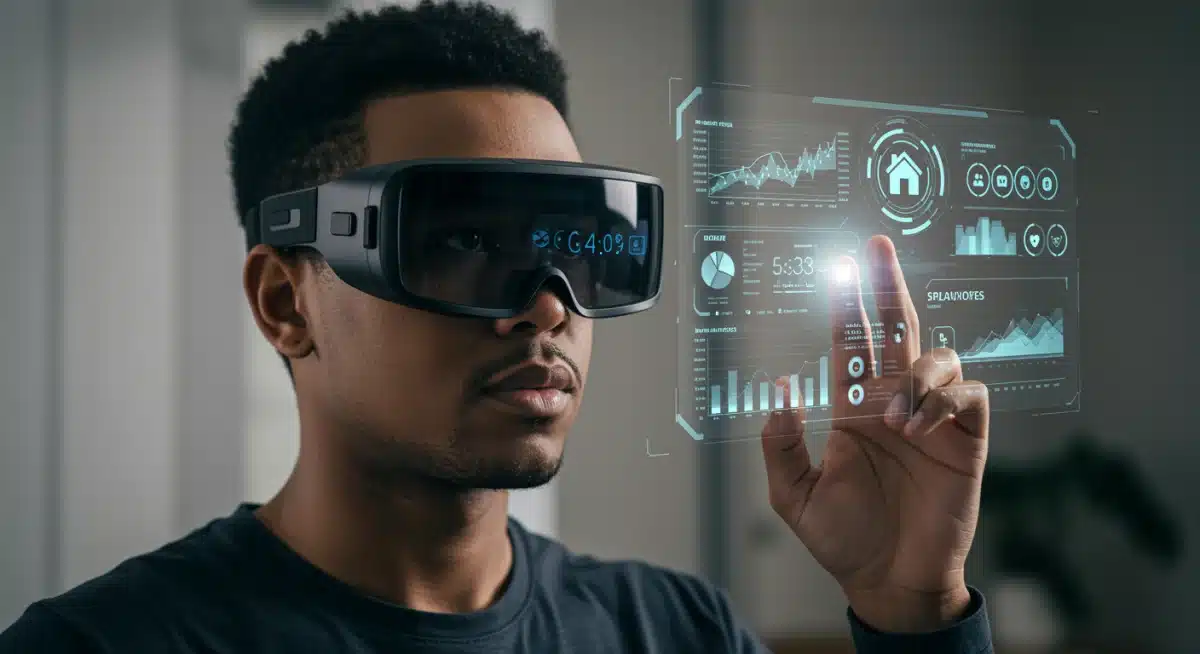 Person using augmented reality glasses to view financial data and smart home controls