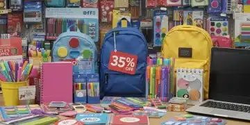 Colorful back-to-school supplies with a 35% off discount tag, ready for students.