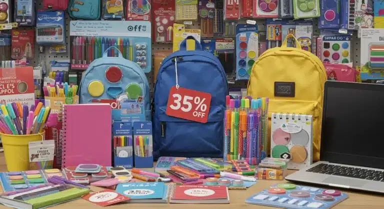 Colorful back-to-school supplies with a 35% off discount tag, ready for students.