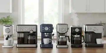 Seven best coffee makers under $150 on a kitchen counter, ready for brewing.