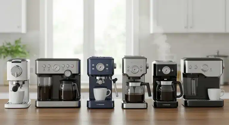 Seven best coffee makers under $150 on a kitchen counter, ready for brewing.