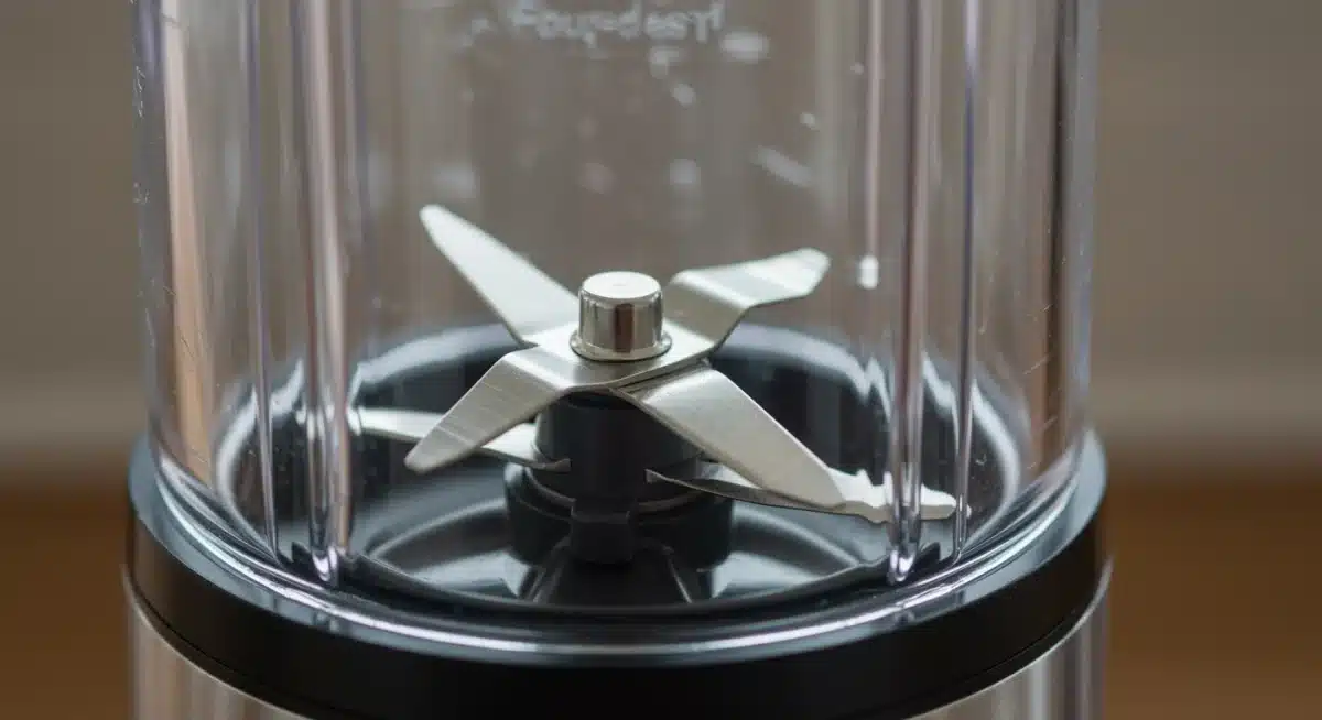 Close-up of a personal blender's sharp, easy-to-clean stainless steel blades