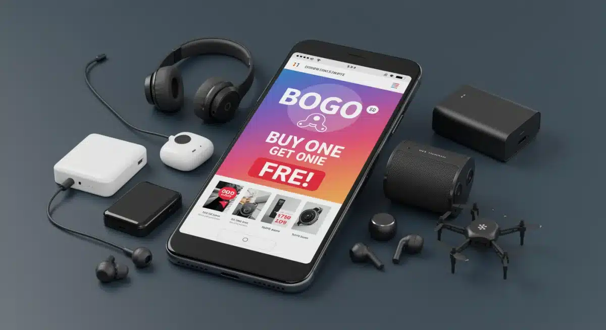 Smartphone showing BOGO electronics deal on an e-commerce site.