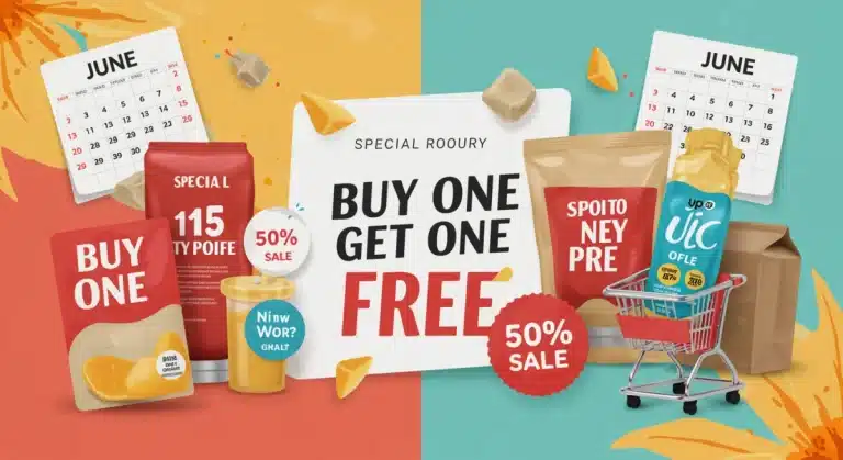 Illustration of diverse products with BOGO offer text for June 2026 deals.