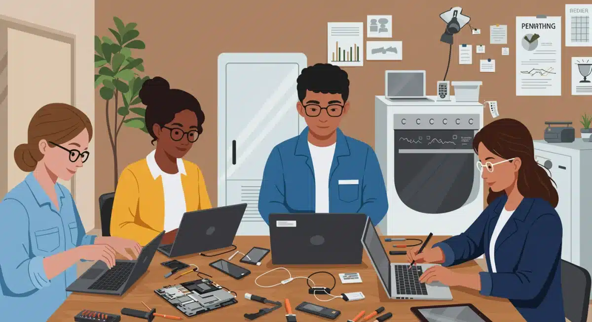 Community workshop with people repairing electronics, emphasizing collaboration and sustainable practices.
