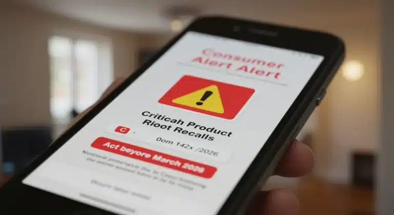 Smartphone displaying a critical product recall alert with a warning symbol.
