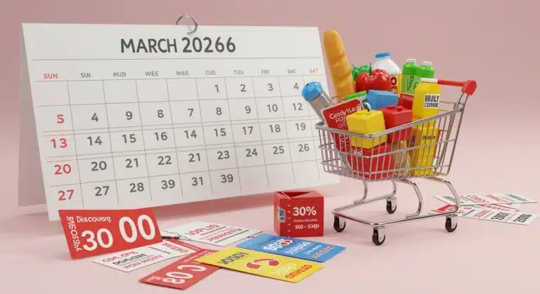 Illustration of diverse coupons and a shopping cart, emphasizing coupon stacking for March 2026 savings.
