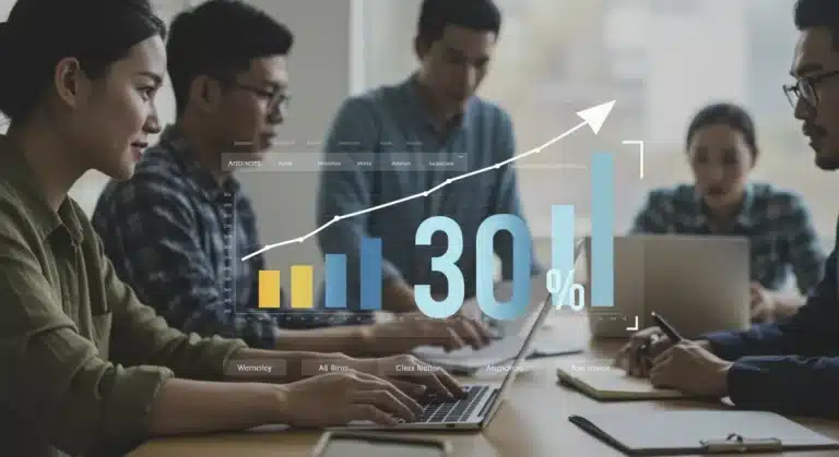 Digital marketing dashboard showing a 30% conversion rate increase for U.S. marketers